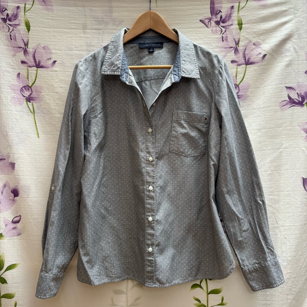 Tommy Hilfiger Blue Gray Dotted Button Down Long Sleeve Shirt